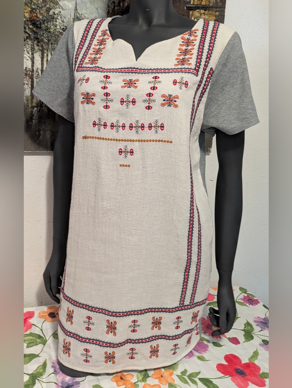 THML Gray Sleeve Cream Embroidered Midi Dress